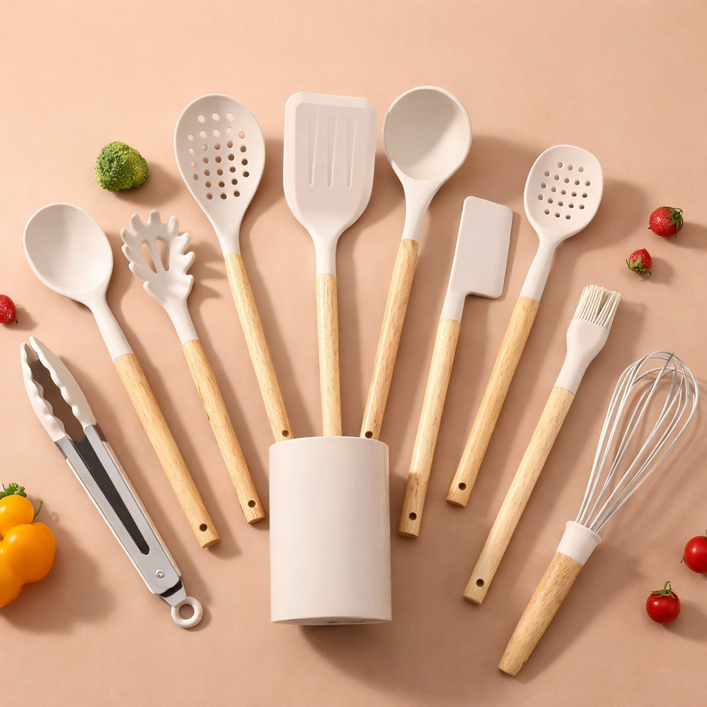 11-Piece Wooden Handle Silicone Kitchen Tool Set